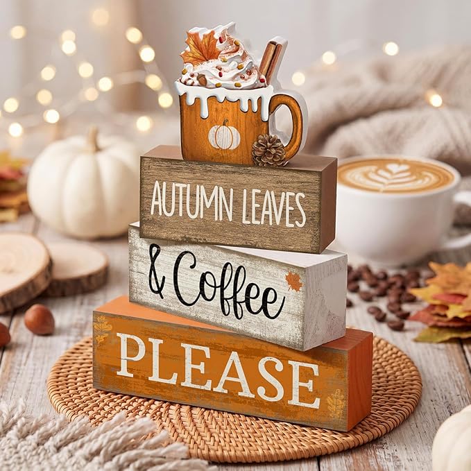 Lineshading 4 Pcs Fall Coffee Table Decor Fall Decoration for Home Wooden Stacked Block with Pumpkin Latte Topper Rustic Thanksgiving Tiered Tray Decor for Harvest Party Home Kitchen Coffee Bar