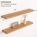 Floating Shelves for Wall, 36"Wx8"D Rustic Solid Elm Wood Floating Shelves Wall Mounted, Round Edge Wall Shelves with Invisible Bracket for Living Room Bathroom Bedroom Kitchen, Set of 2, Natural