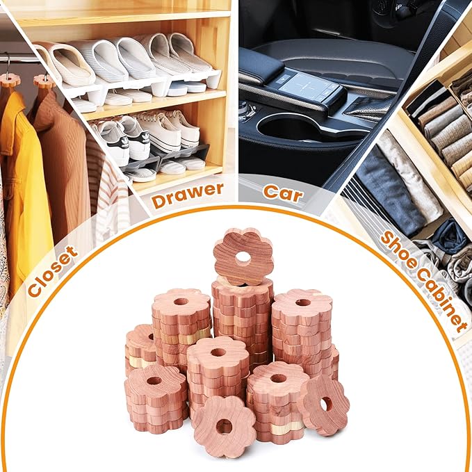 Homode Cedar Chips for Closets and Drawers, 72 Pcs Cedar Rings for Clothes Storage, Cedar Blocks for Fresh Scent Closet Freshener