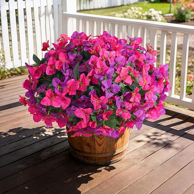 Faux Bougainvillea Artificial Flowers Plants for Outdoors Spring Decor, 4 Bundles Realistic Bougainvillea UV Resistant Faux Flowers for Outdoor Planters Porch Patio Window Garden Home, Fuchsia