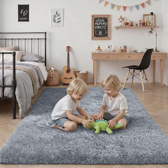 6x9 Area Rugs for Living Room Bedroom: Ultra Soft Fluffy Shag Rug Upgrade Non-Slip Non-Shedding Large Fuzzy Plush Carpet Indoor Floor Carpets for Kids Room Playroom Nursery Dorms Home Decor Light Gray