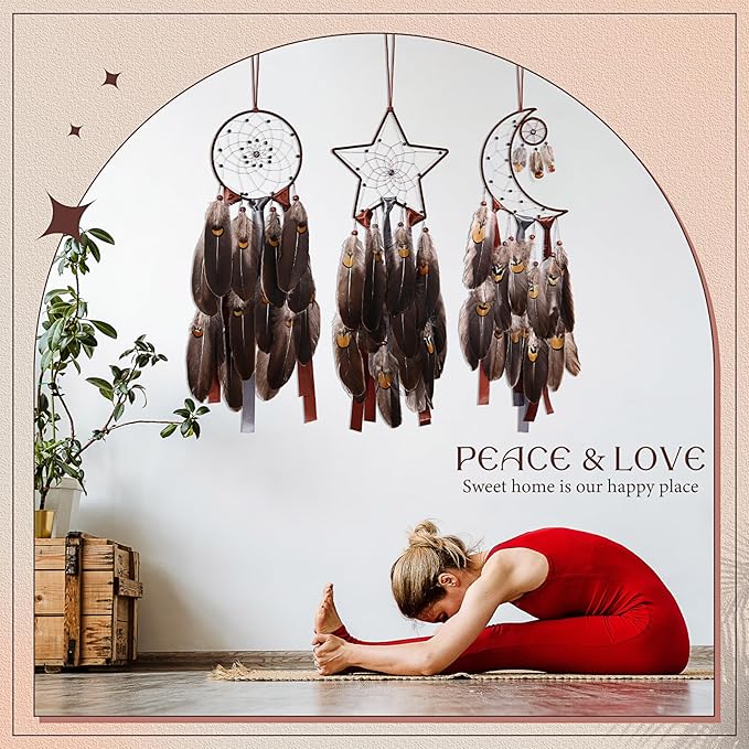 Jetec 3 Pcs Dream Catcher Moon Sun Star Design Handmade Traditional Design Craft Ornament Wall Art Hanging Home Decoration Bedroom Wedding(Brown)