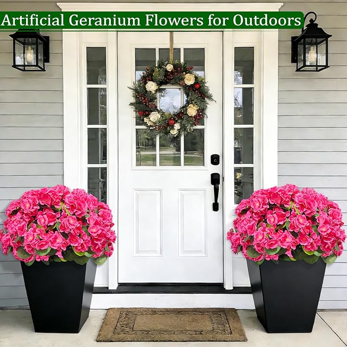 Artificial Geraniums Flowers for Outdoors Spring Decor, 8 Bundles UV Resistant Fake Geraniums Flowers Silk Faux Plants for Home Planter Gardens Table Patio Porch Indoor Summer Cemetery Decor(Pink)