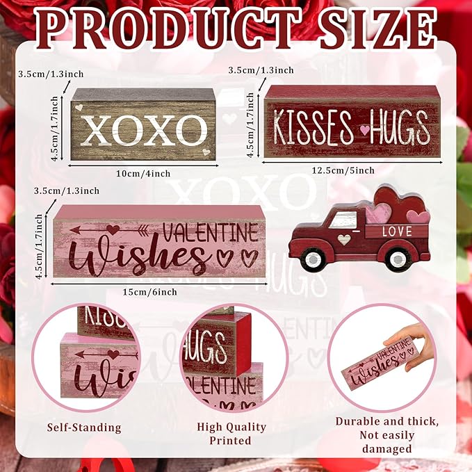 Lineshading 4 Pcs Valentine's Day Table Decoration Wooden Heart Truck Decor Valentine Tiered Tray Decor Valentine's Day Centerpiece Rustic Decorative Truck Block Sign Farmhouse for Home Kitchen Shelf