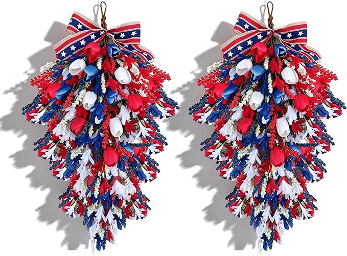 2 Pack 21'' Patriotic Teardrop Swag Wreaths for Cabinets Artificial 4th of July Swag Wreath with Red White Blue Tulips Floral and Berries for Independence Day Memorial Day Front Door Porch Window Wall