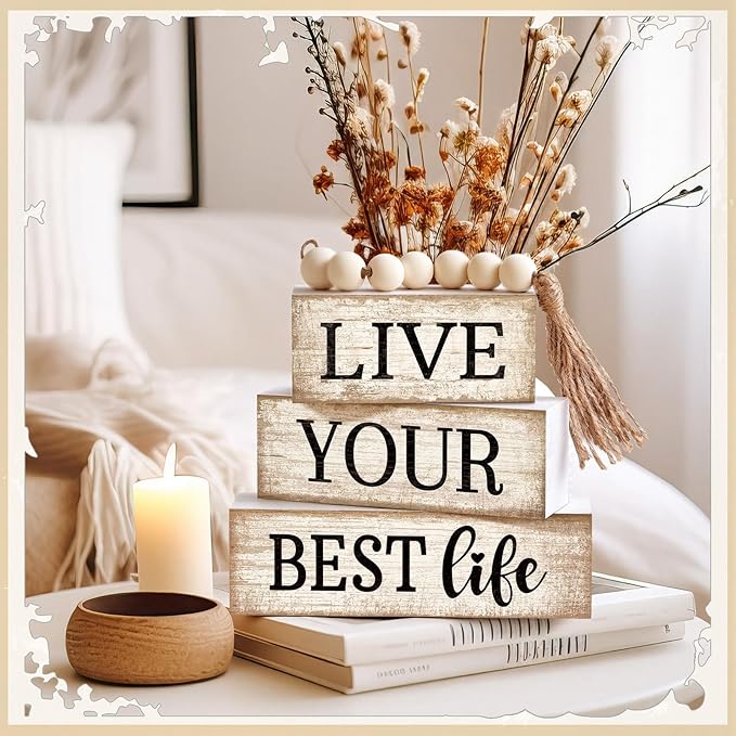 Moucuny 4 Pcs Farmhouse Table Decor Inspirational Wooden Signs Rustic Beaded Wooden Block Gift Sign Live Your Best Life Farmhouse Table Centerpiece for Living Room Housewarming Gift