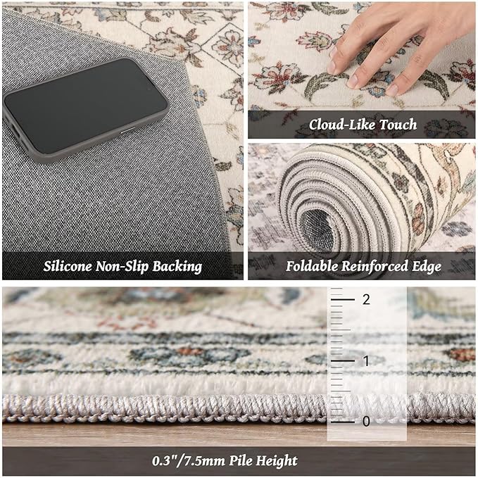 Washable 5x7 Area Rugs for Living Room, Boho Non-Slip Vintage Distress Rugs for Bedroom Dining Room Nursery Office, 0.3" Neutral Oriental Throw Thin Carpet with Cushioning Pad, Beige/Rust/Green/Multi
