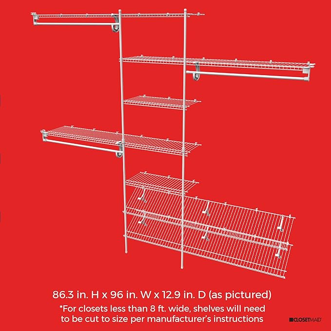 ClosetMaid 5037 5Ft. To 8Ft. Fixed Mount Closet Organizer Kit, White