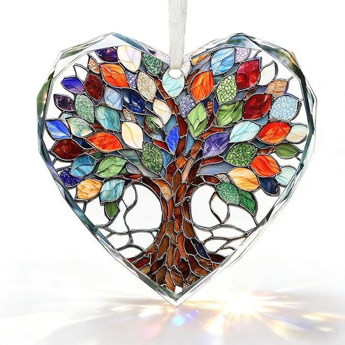 Tree of Life Stained Glass Ornament Christmas Tree Decorations Heart Shape Crystal Ornaments Holiday Presents Idea Car Hanging Ornaments Unique Keepsale for Mom Wife Friend Sister