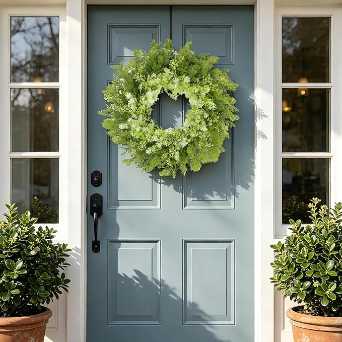 26" Spring Summer Greenery Wreath for Front Door, Large Green Wreath with Fern Leaves and White Flowers All Seasons for Indoor Outdoor Door Wall Window Porch Farmhouse All Season Home Decor