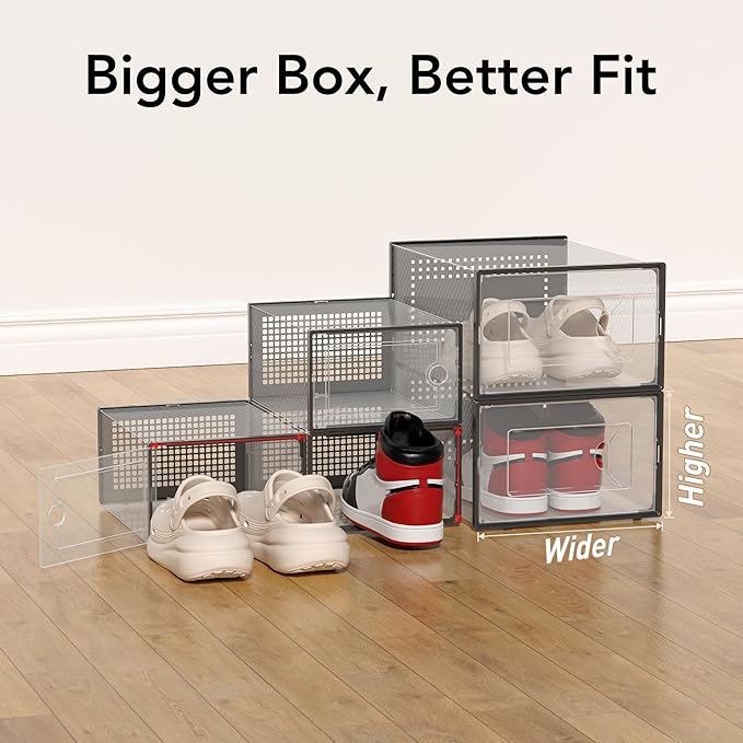 X-Large Shoe Storage Box, 15 Pack Clear Plastic Stackable Shoe Organizer for Closet, Interlocking Design Shoe Container Bins for Sneakers, Foldable Shoe Rack with Lids, Black