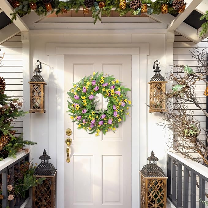 Spring Summer Wreaths for Front Door,22 Inch Artificial Purple Tulip Wreath with Wildflowers,Eucalyptus Leaves for Indoor Outdoor Wall Porch Festival Farmhouse Home Holiday Decor.