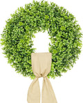 Vlorart 20 Inch Boxwood Wreaths for Front Door, Artificial Spring Wreath for Wall Farmhouse Wedding Porch Green Wreath with Sash Year Round Indoor Outdoor for Summer Farmhouse Wreaths Home Decorations