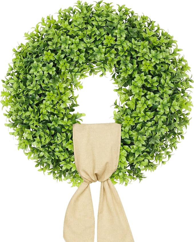 Vlorart 20 Inch Boxwood Wreaths for Front Door, Artificial Spring Wreath for Wall Farmhouse Wedding Porch Green Wreath with Sash Year Round Indoor Outdoor for Summer Farmhouse Wreaths Home Decorations