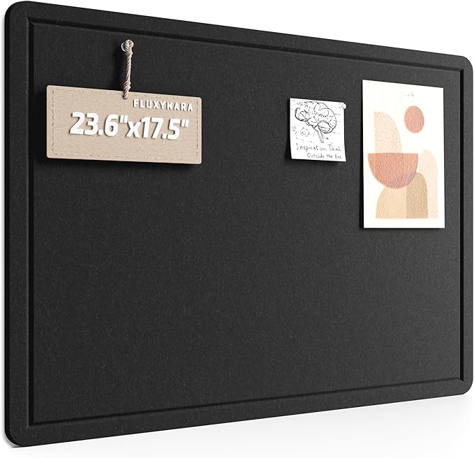 Fluxynara Bulletin Board, 23.6" x 17.5" Cork Board Alternative with 12 Safe Removable Adhesive Tabs, Foldable Felt Pin Board for Home Office, Classroom, Bedroom,Entryway for Walls—Black