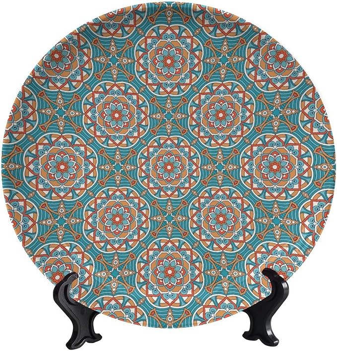 Turkish Decorative Plate Holder, 8 Inch, Cyan Blue Round Display Plate, Table Top Plate Decor with Stand, for Kitchen Party Coffee Table Decor Art