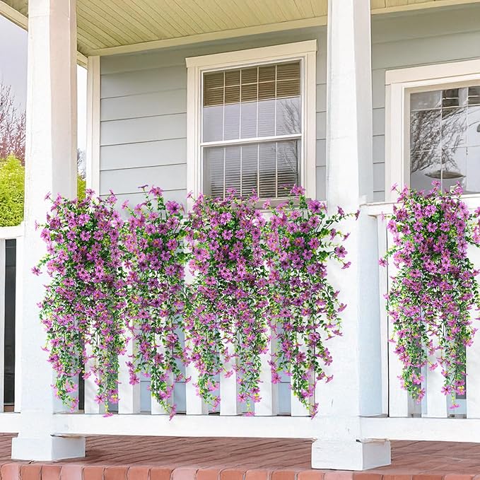 Artificial Fake Hanging Flowers Plants for Outdoor Spring Decoration,2 PCS Faux Silk Daisy with Eucalyptus Leaves,UV Resistant Look Real for Outside Home Indoor Planter Porch Patio Balcony Yard Decor