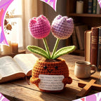 Wavwavw Christian Gift for Women Positive Handmade Tulips Flower Crochet Doll with Bible Verse Prayer Card Inspirational Scripture Religious Crochet for Christmas Sunday Group Church