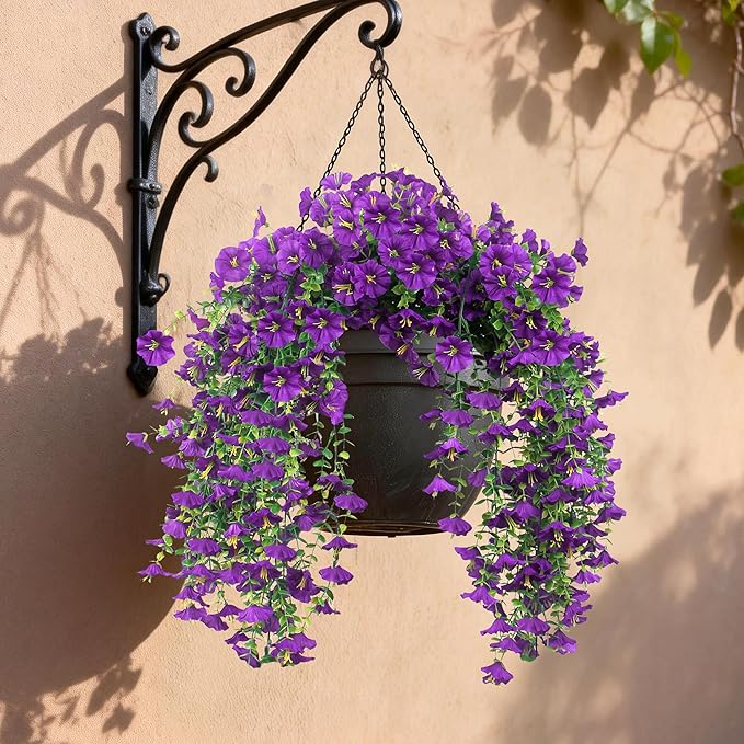 Artificial Hanging Flowers for Outdoors, 2 PCS UV Resistant Faux Silk 150 Morning Glory Each Trailing Vines, Fake Plants for Spring Outdoor Garden Planter Porch Patio Decoration, Purple