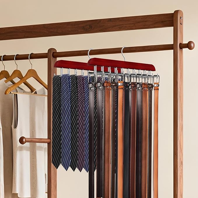 Tie Rack Hanger for Closet, 2 in 1 Belt Tie Hangers with 20 Folding Hooks, 360 Degree Rotating Wooden Tie Holder Organizer for Men Ties Belts Scarves Tank Tops Accessories, Walnut (1 Pack)