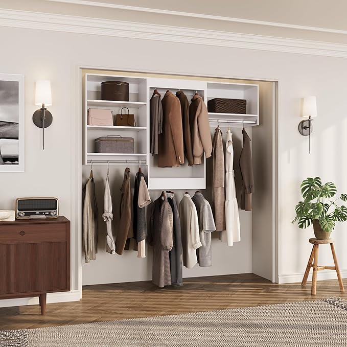 ROOMTEC Modular Closet System, 72" Closet Organizer with Hanging Rods, Wall-Mounted Wooden Tower for Walk-In Closets, Wardrobe Storage Kit, White