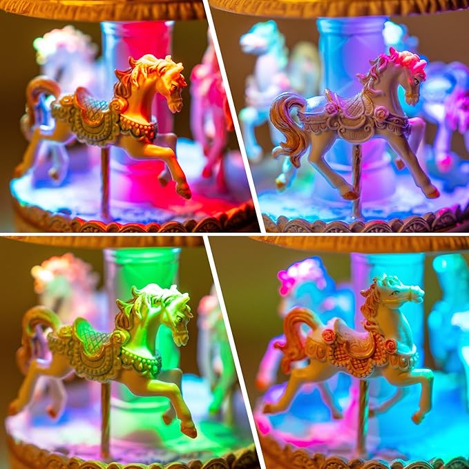 Enchanting Pink Carousel Music Box with LED Lights, Plays Castle in the Sky, Elegant Rotating Horse Figurines, for Girls, Women, and Romantic Occasions, Collectible Home Decor Ornament
