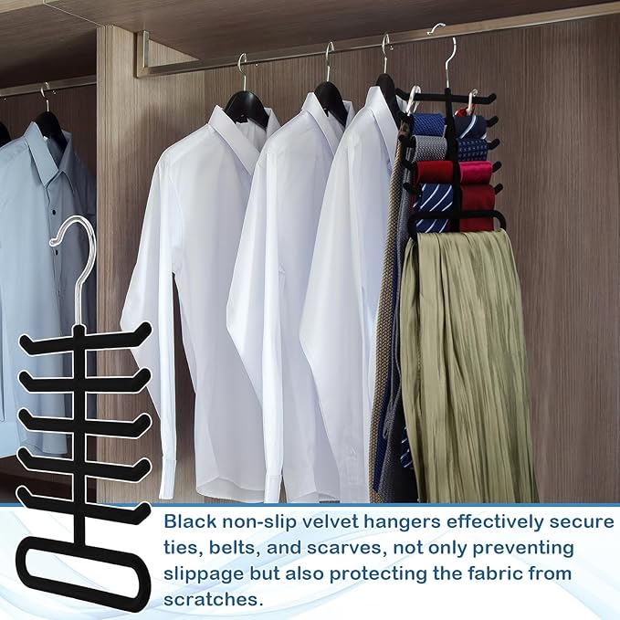 Kathfly 8 Pcs Non-Slip Velvet Tie Hanger for Closet, 360 Degree Swivel Space Saving Tie Rack Organizer for Men Bulk, Necktie Belt and Scarves Hanger for Closet, Black Flocked