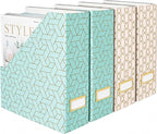 BLU MONACO | Set of 4 Foldable Pink & Aqua Magazine File Holders with Gold Geometric Patterns | Vertical File Organizer Boxes with Gold Label Holders for Home & Office
