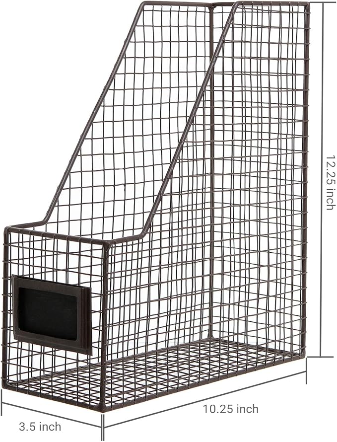 MyGift Metal Wire Magazine Holder in Rustic Brown Finish, Desktop Document and File Folder Storage Bin with Chalkboard Label for Home, Office, School, Dorm, Set of 2