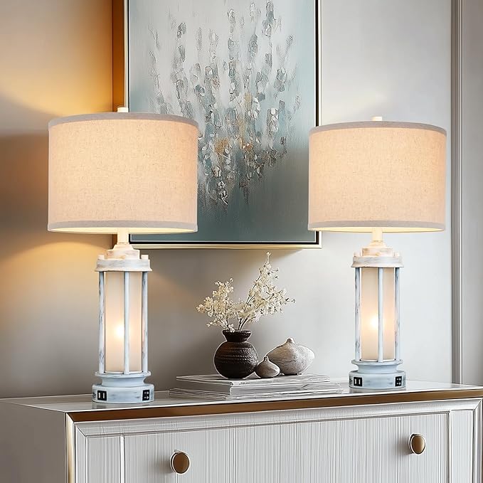 AIEAMPDO 25" Rustic Table Lamps Set of 2, Vintage Nightstand Lamps with 2 USB Ports, Farmhouse Antique White Desk Lamp with Glass Night Light for Living Room Bedroom Dorms, 4 Bulbs Included