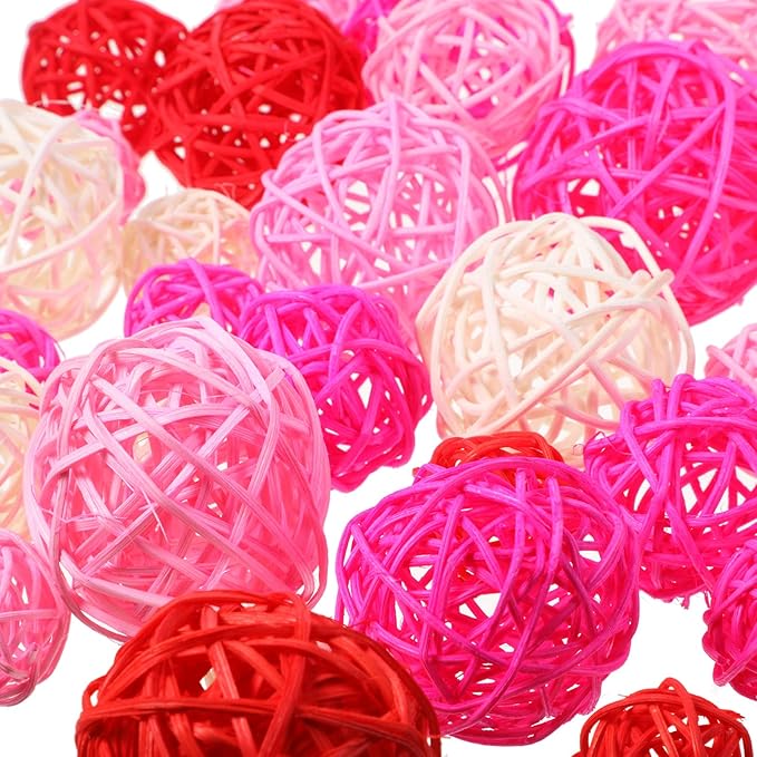 Patelai 36 Pcs Wicker Rattan Balls Decorative Balls for Vase Centerpiece Bowls Orbs Filler for Home Decor,4 Sizes(White, Pink, Rose, Red,2.4'',2'',1.6'',1.2'')