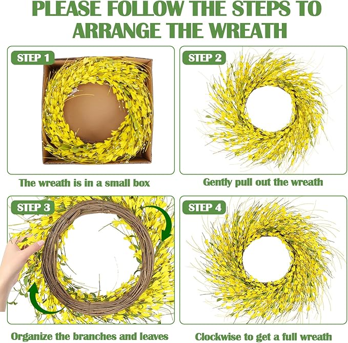 GTIDEA 26 Inch Spring Wreaths for Front Door Large Spring Door Wreath Wild Floral Summer Forsythia Flower Wreaths Outside All Season for Farmhouse Porch Wedding Living Room Home Easter Decor (Yellow)