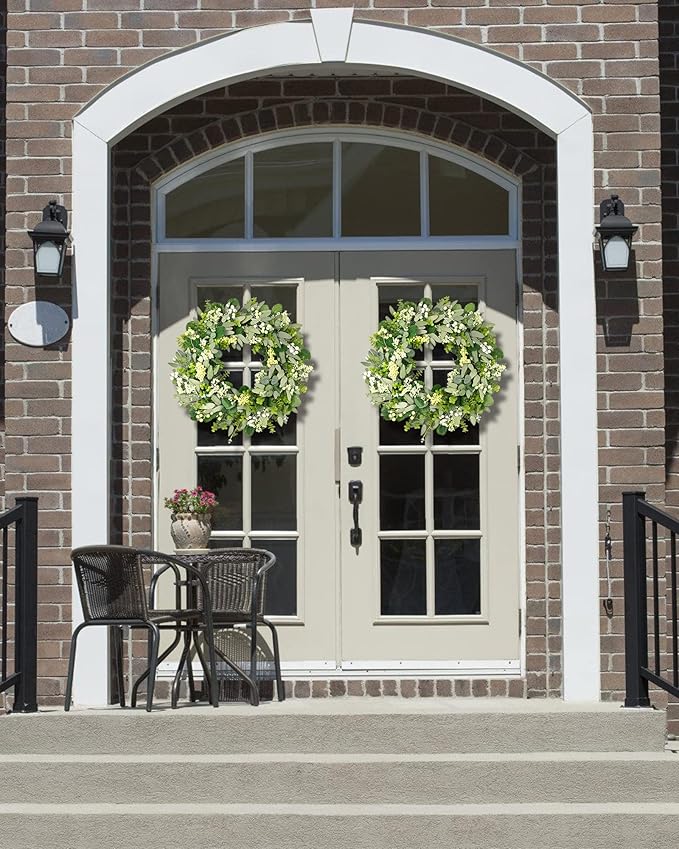 Vlorart 24-26 Inch Artificial Spring Summer Greenery Christmas Wreaths for Front Door Green Eucalyptus Leaf Wreath Decor Boxwood with Big Berries for Farmhouse Outside Year Round