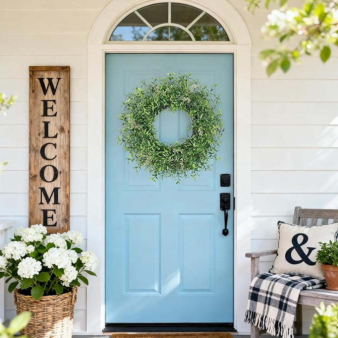 24 Inch Summer Wreaths for Front Door Wreath Spring Outdoor Green Door Wreath for All Seasons Porch Wall Indoor Outdoor Living Room Bedroom Window Farmhouse Home Decoration