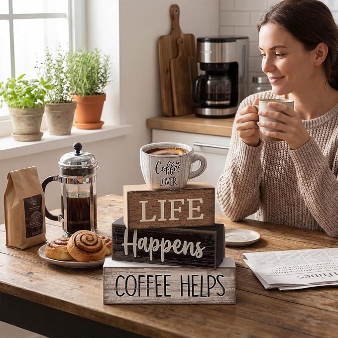 Moucuny 4 Pcs Farmhouse Coffee Bar Table Decor Vintage Wooden Stacked Block Sign - 'life Happens Coffee Helps' Table Centerpiece Rustic Wood Bar Sign Gift for Home Kitchen Shelf Tiered Tray Decor