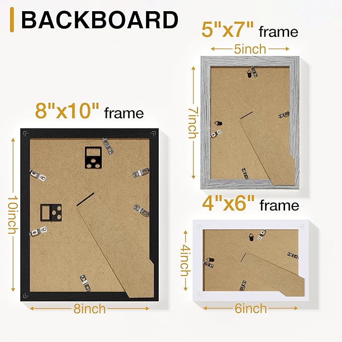 Vittanly Picture Frames Set of 10, Picture Frames Collage Wall Decor with Two 8x10, Four 5x7, and Four 4x6 Photo Frames, Gallery Wall Frame Set for Wall or Tabletop Display, Black, Grey and White
