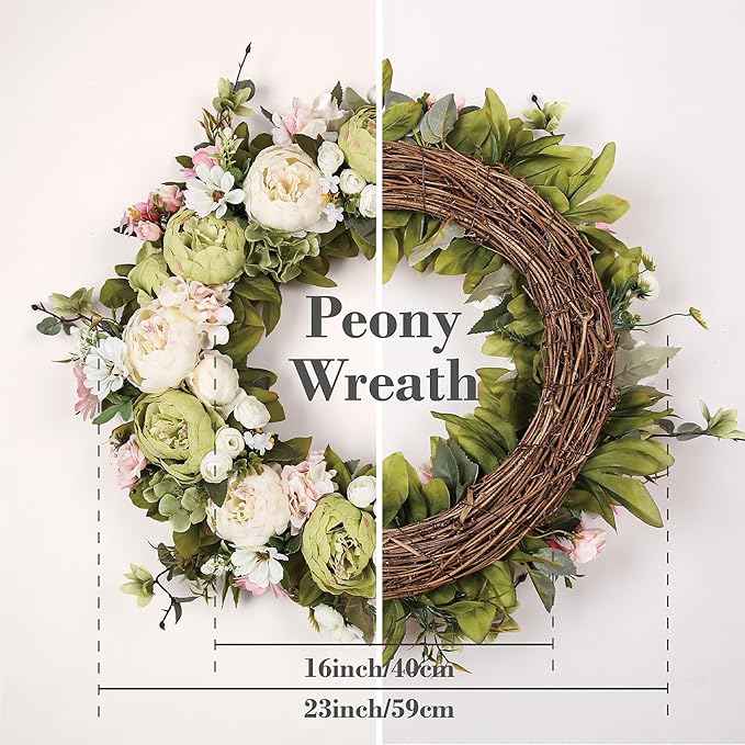 Peony Wreath 23'' Spring Wreaths for Front Door, Artificial Large Floral Wreath for Front Door Wall Decor, Valentine’s Day Home Wedding Housewarming Gift EZsenses (Green)