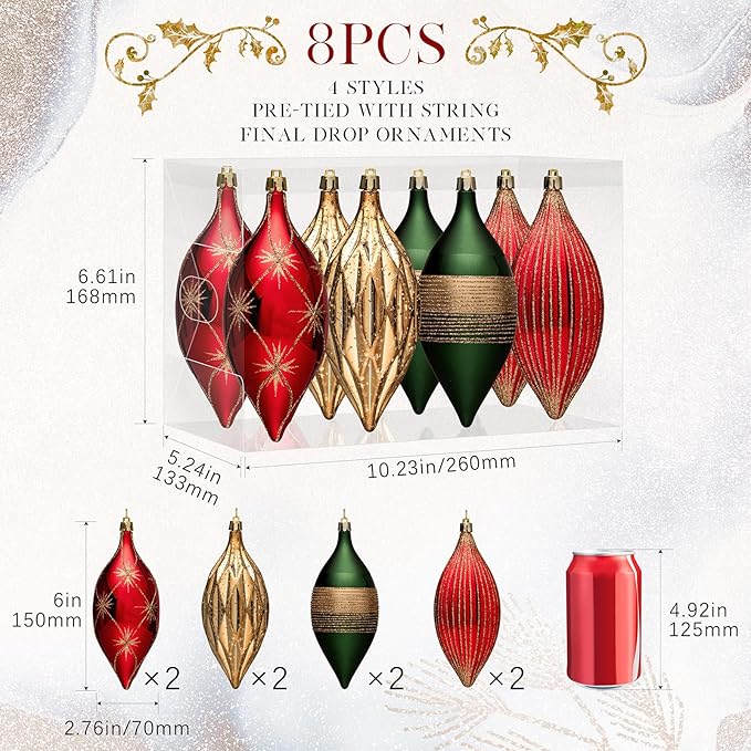 JORNOY Finial Drop Christmas Ornaments for Tree Decorations, 150mm/6inch Shatterproof Plastic Hanging Large Tear Drop Baubles Bulk for Holiday Home Party Decor with String, 8 Pack, Red Green Gold