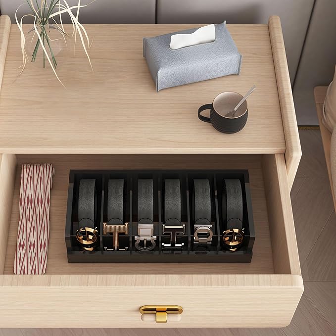 Belt Organizer for Closet - 6 Grids Black Bamboo Belt Storage Organizer Racks for Men Women's Drawer, Belt Display Holder Wall Mount with 2 Pcs Tie Clip