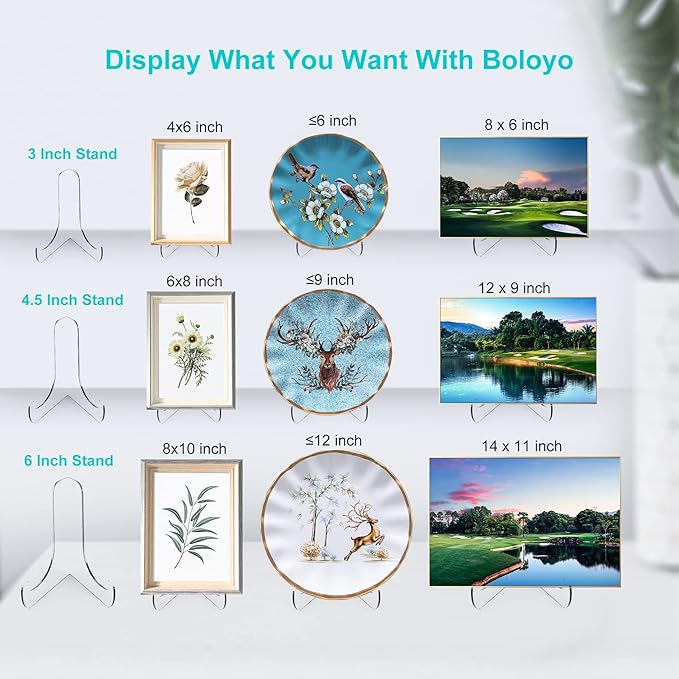 Boloyo 60-Degree Angle Acrylic Plate Display Stand , 3 Inch 5PC Clear Acrylic Display Holder Easel Base for Home Office Kitchen School Art Display