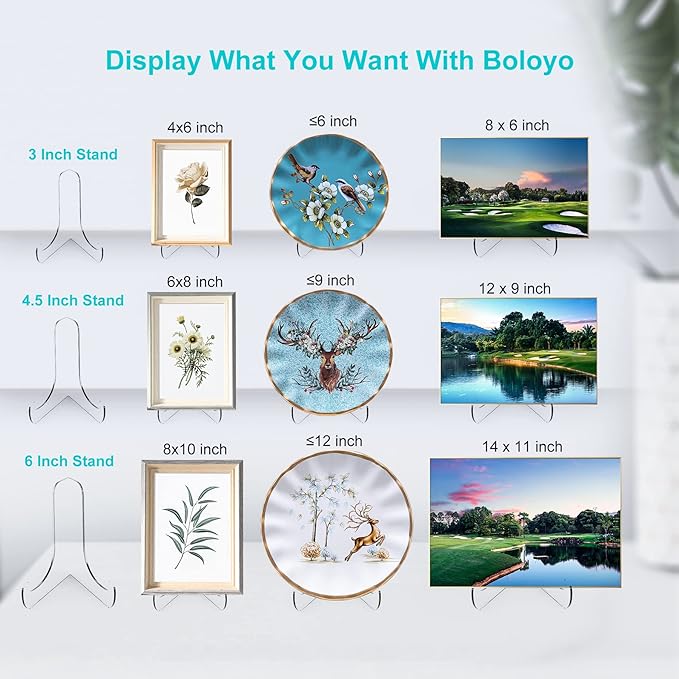 Boloyo 60-Degree Angle Acrylic Plate Display Stand , 3 Inch 2PC Clear Acrylic Display Holder Easel Base for Home Office Kitchen School Art Display