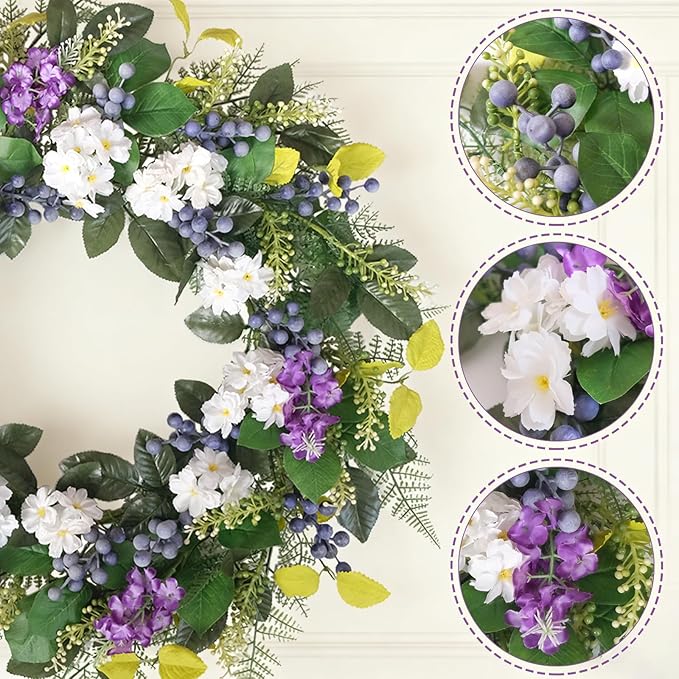 Idyllic 24 Inch Spring Summer Wreath for Front Door - Artificial Blueberry Bunch Wreath with White Purple Flowers Floral Decor for Window Mantel Wedding Indoor Outdoor Home Decoration