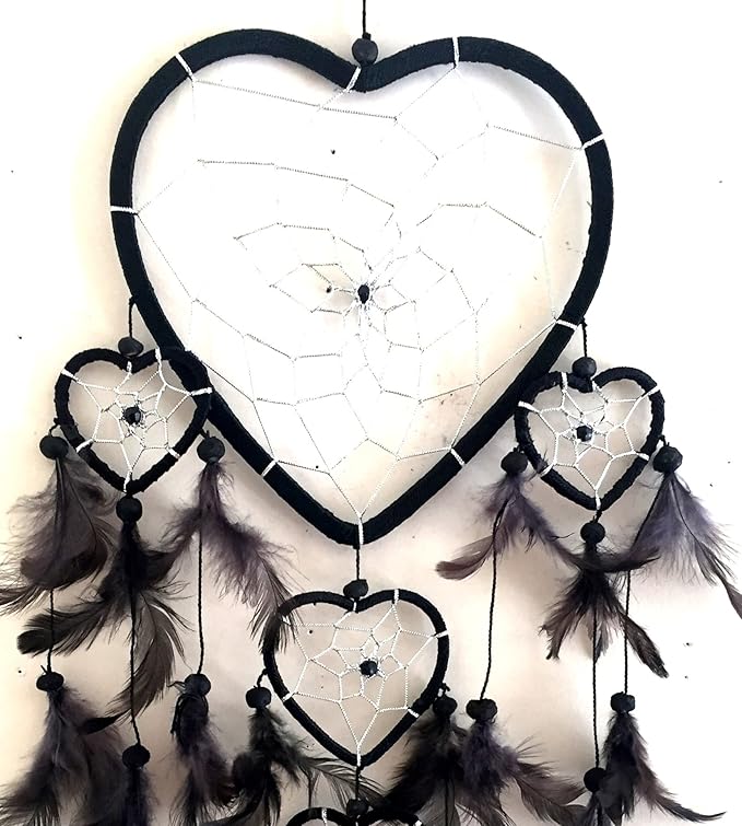 OMA Dream Catcher - Hand Made Black Feather Dream Catcher Heart Shaped with Crystal Beads - 7" Diameter & 24" Long - OMA Federal (TM) Brand