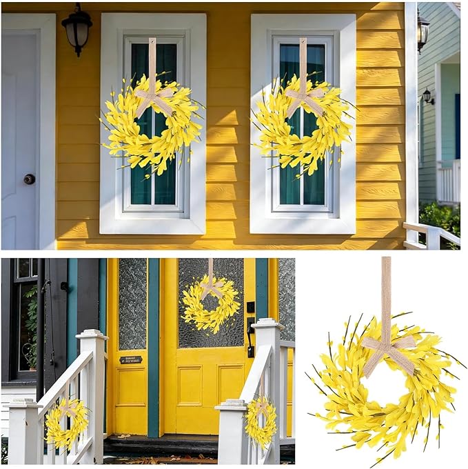 6 PCS 9'' Mini Spring Forsythia Wreath for Front Door Small Artificial Forsythia Farmhouse Kitchen Cabinet Wreaths with Burlap Ribbon Hanging Spring Summer Floral Wreaths for Porch Wall Window Decor