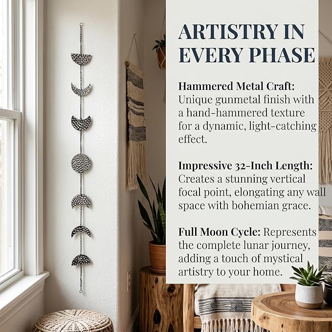 opulinea 32 Inch Hammered Black Gunmetal Moon Phase Metal Wall Decor, Celestial Hanging Wall Sculpture, Boho Lunar Wall Art for Bedroom, Living Room, Bathroom, Apartment