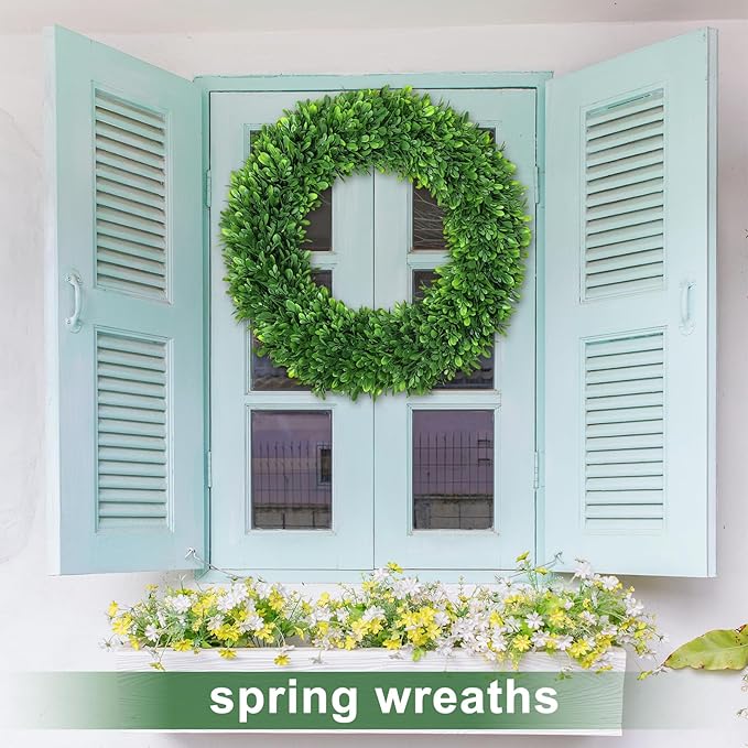 LZNPA Boxwood Wreaths for Front Door Realistic 22Inch，Spring Wreaths for Front Door Outside ，Front Door Wreath All Season，Green Wreath for Spring Farmhouse Porch Wall Wedding Room Home Decor