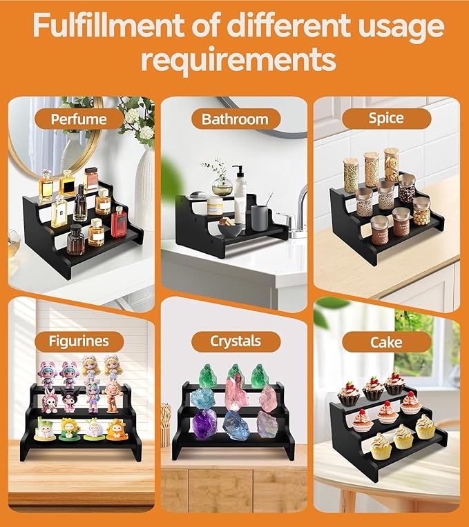 3 Tier Display Risers, Wooden Cologne Organizer for Men, Perfume Organizer Stand, Cologne Stand with Anti-Slip Washers, Wooden Display Shelf Stand for Dessert, Cupcake, Figure and Collection, Black, 3-tier-9.4in