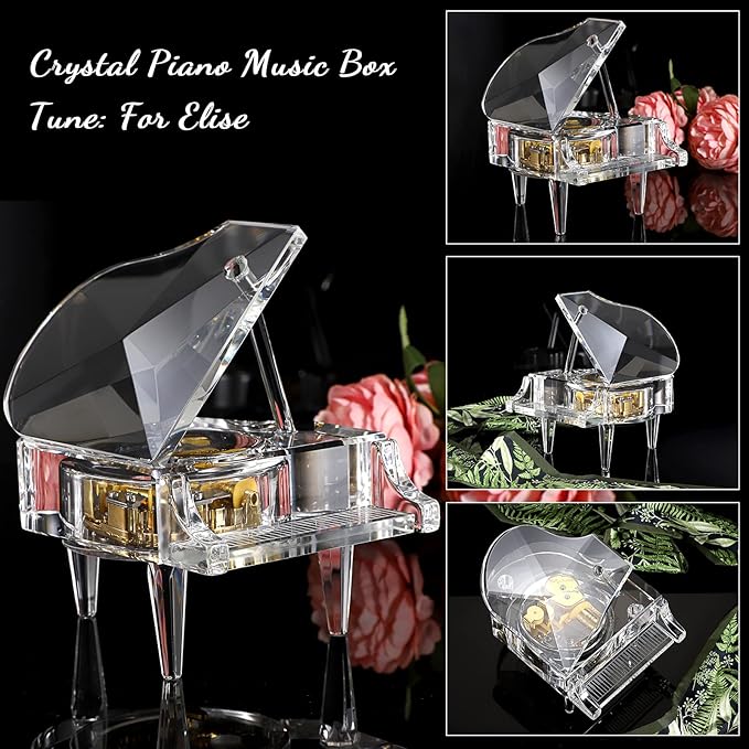 ELLDOO Crystal Music Box, Mechanical Clockwork Decorative Piano Musical Box,Transparent Piano Ornament Romantic Gift for Girl Women (Tune: for Elise)