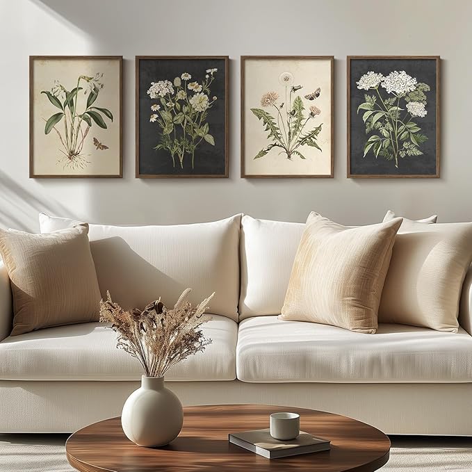 Framed Botanical Wall Art for Living Room, 4 Piece Rustic Floral Canvas Paintings Prints, Vintage Flower Pictures for Farmhouse Dining Room Hallway Bedroom Kitchen Bathroom Wall Decor, 12x16 Inch