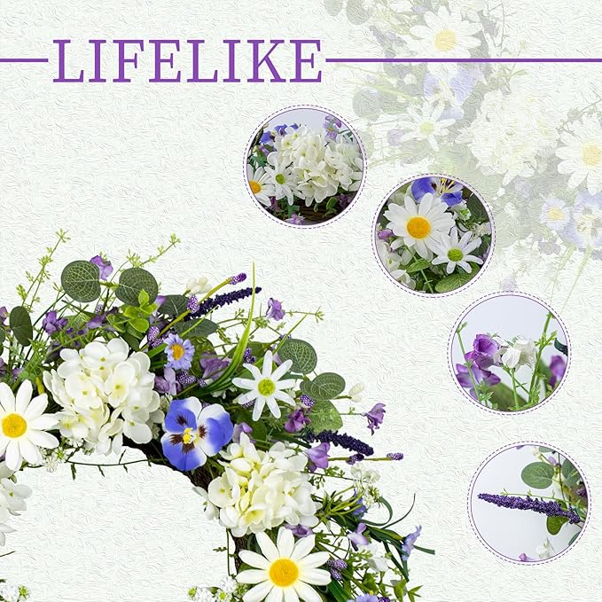 22 Inches Summer Wreaths for Front Door Spring Flower Wreath Farmhouse Spring Floral Wreaths Country Summer Door Wreath with Phalaenopsis Orchid Hydrangea Sunflower for Window Wall Porch Decoration